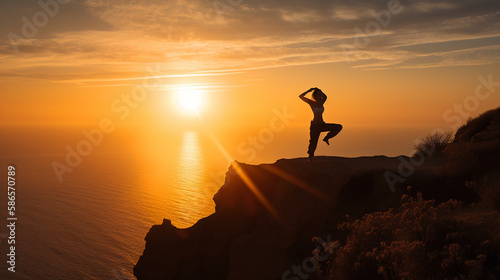 The silhouette of a woman doing yoga at the edge of a cliff illuminated by the orange golden setting sun - Generative AI