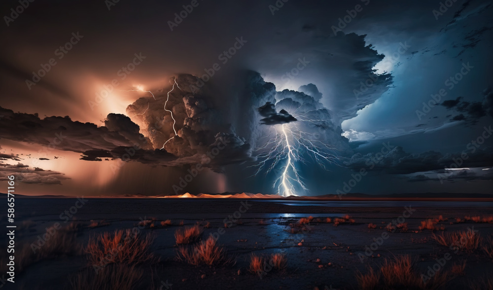  a lightning storm is coming in over a desert landscape with grass and bushes in the foreground and a dark sky with clouds and lightning.  generative ai