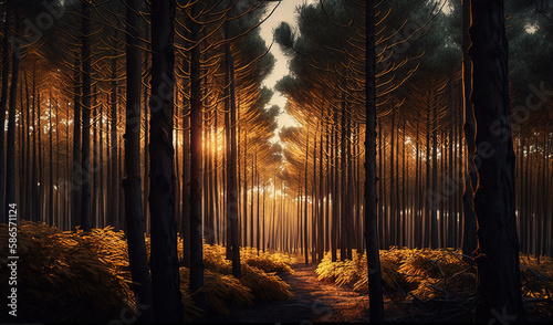  a painting of a path in a forest with tall trees at sunset or dawn with the sun shining through the trees and the sun shining through the trees. generative ai