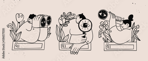 Set of people with binoculars, magnifying glass on search bar with flowers. Searching, finding, web surfing, looking for oportunities concept. Hand drawn Vector illustration. Isolated design elements