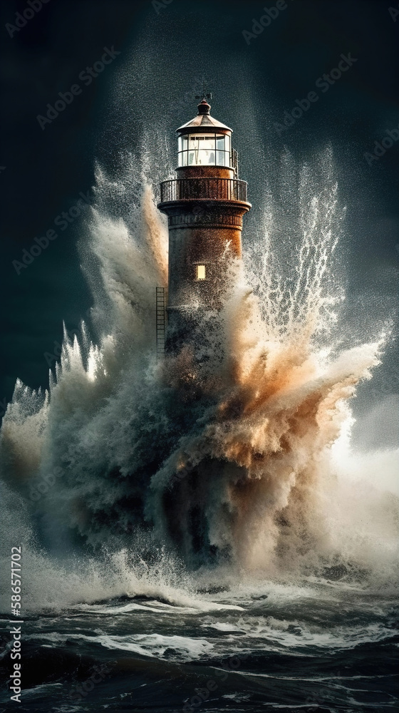Lighthouse in a massive explosion of water, on a stormy and violent sea. 
Fantasy, Concept Art, Generative AI