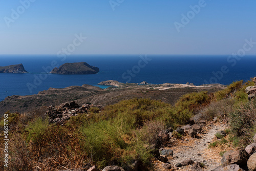 amazing seascape landscape view from the top of venetian castle in Milos island in greece  gulf scene  blue sea horizon