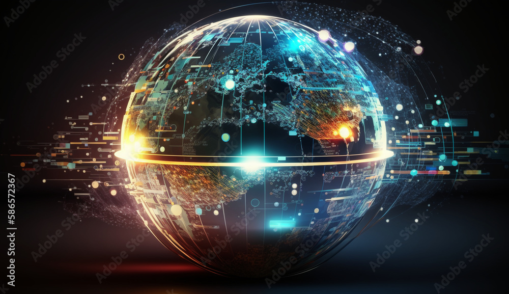 Obraz premium Global business network, software technology investment, data analysis and processing, data exchange, digital marketing concept, finance and modern technology background, Generative Ai.