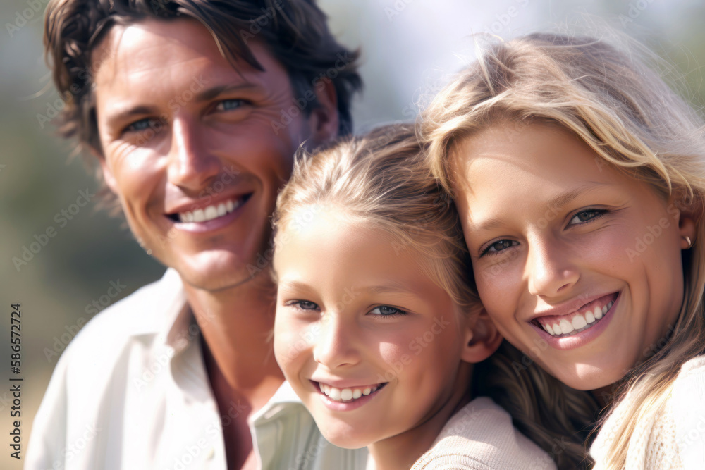 Happy family portrait. Father mother and daughter smiling. Generative AI Happy family portrait. Father mother and daughter smiling. Generative AI