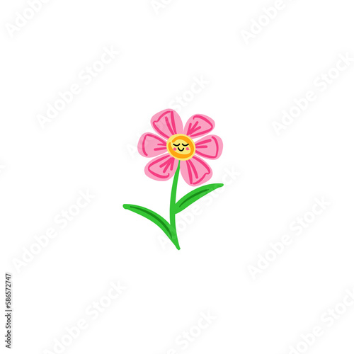 illustration of a smiling pink flower with stem and leafs on a transparent background