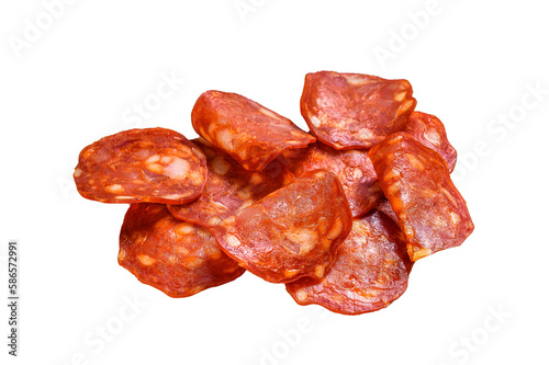 Chorizo sausage thin cut. Spanish salami with spices, paprika, pepper. Spicy food. Isolated, transparent background.