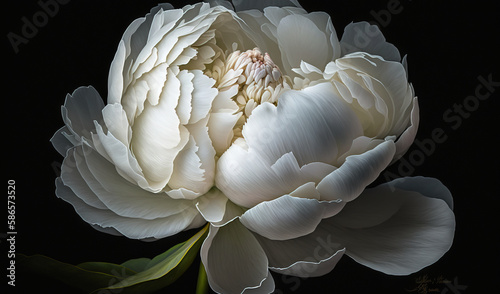  a large white flower on a black background with a green stem in the middle of the flower and a bud in the middle of the flower.  generative ai