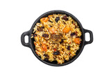 Rice pilaf with lamb meat and vegetables in a pan.  Isolated, transparent background.