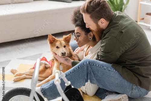 Positive african american woman sitting near disabled dog and bearded boyfriend at home.