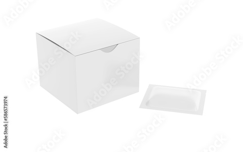 Realistic cardboard box with sachet mockup. Perspective view. 3d illustration isolated on white background. Ready for your design.