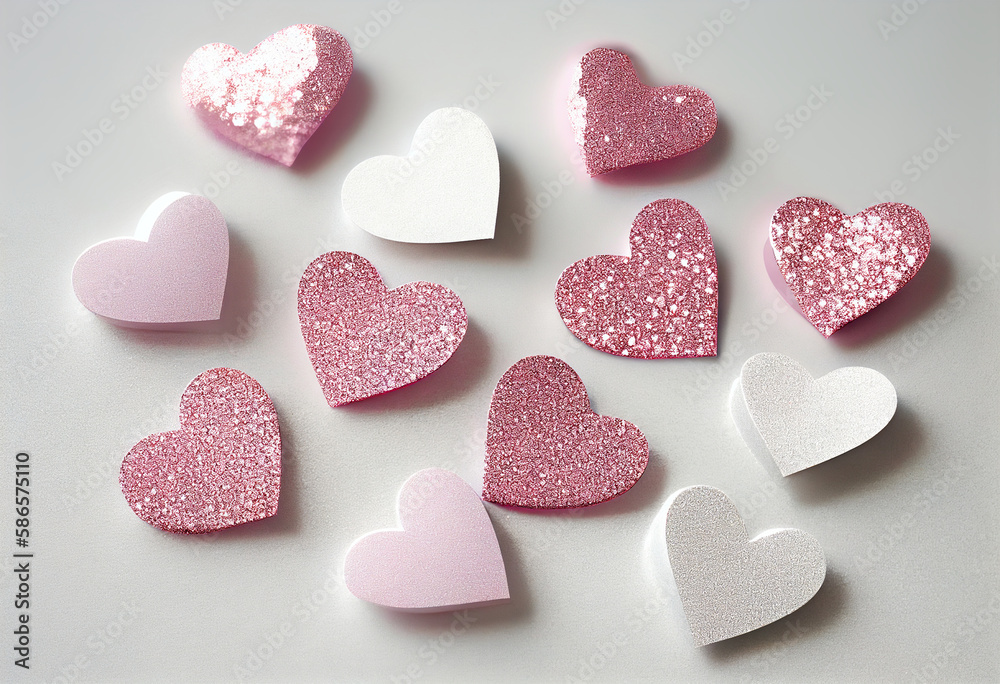 pink heart glittering top view isolated on grey background. AI Generated