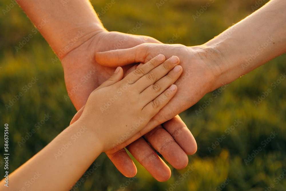 Mom dad and child holding hands together during a walk in summer. Family hands and adult support. A happy family Mom dad and child holding hands together during a walk in summer. Family hands and adult support. A happy family