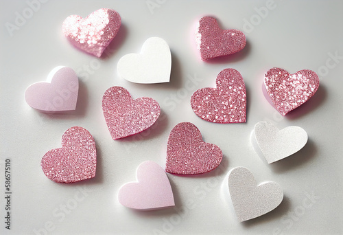 pink heart glittering top view isolated on grey background. AI Generated