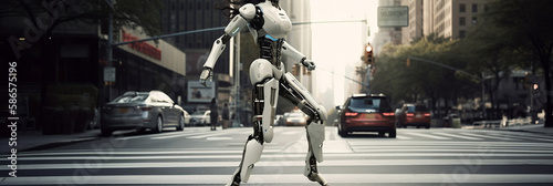 Robot running on the way. Generative AI.