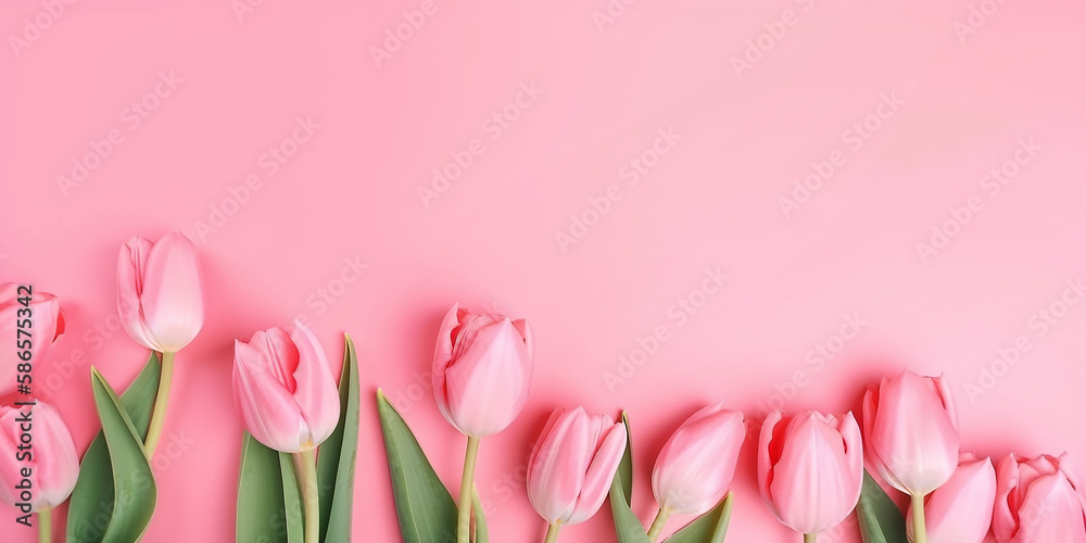 Mother's day, Valentine's Day background concept with pink tulip flowers. Generative AI. Mother's day, Valentine's Day background concept with pink tulip flowers. Generative AI.