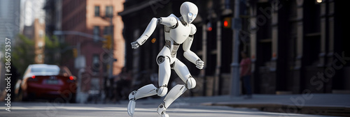 Cute artificial intelligence robot, Android, running. Generative AI.