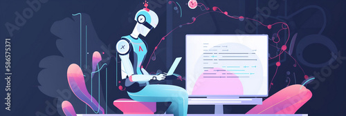 Cute artificial intelligence robot, Android, running. Generative AI.