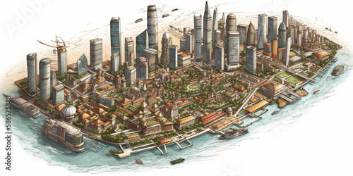 watercolor city view, aerial perspective, detailed clip art preview