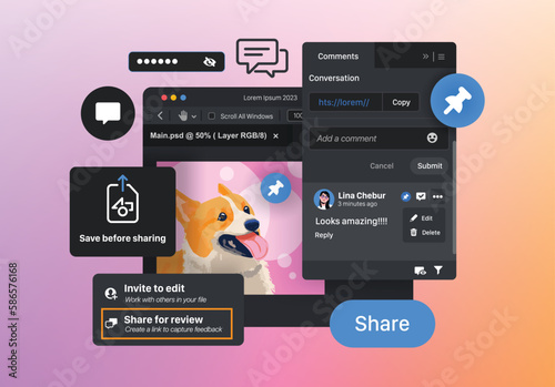 Share function in photo editor. Add and view comments. Collaboration work