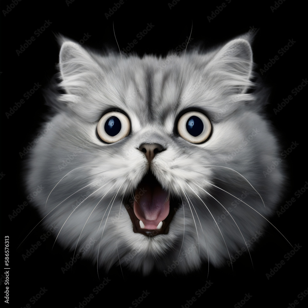 surprised gray cat head isolated on a black background, made with generative ai