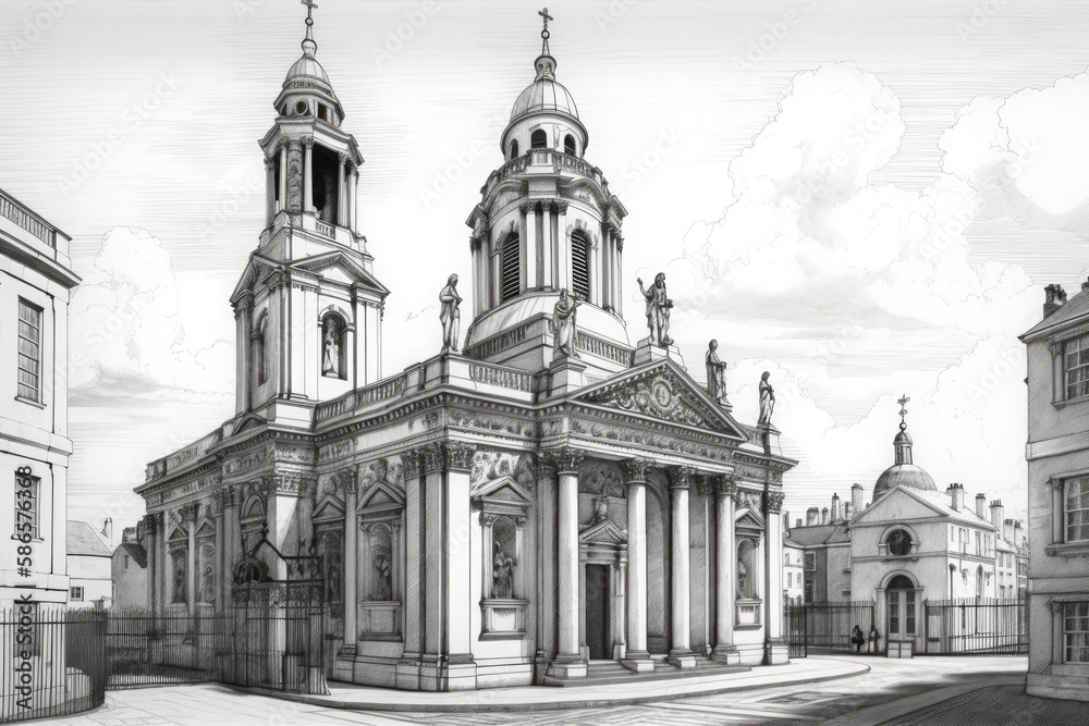 monochrome sketch of a cathedral. Generative AI