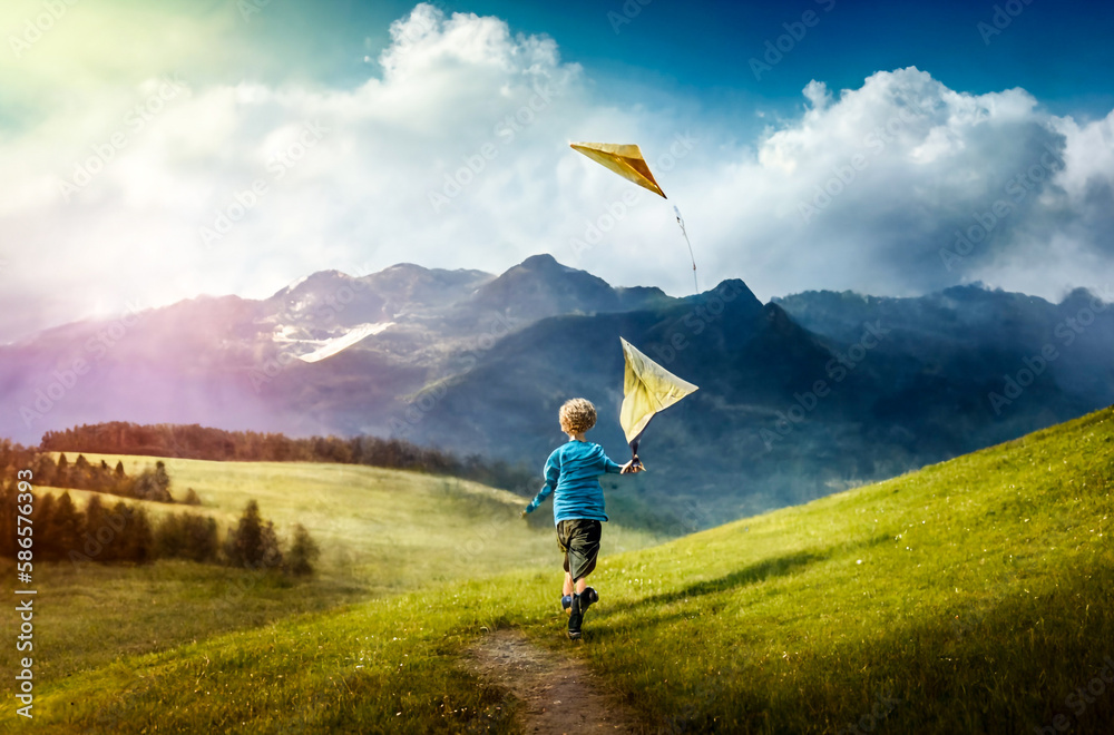 Obraz premium A child holding a kite, running with it, trying to make it fly high up in the mountains. Illustration created with generative AI tools.