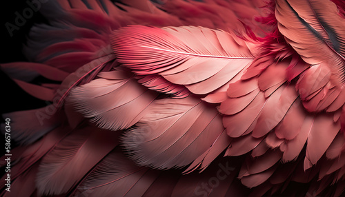 Pink color feathers bird background colored plumage. Close up photo of shimmered feathers of paradise bird. 3D realistic illustration. Creative AI
