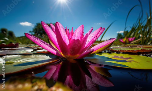  a pink water lily in the middle of a pond with lily pads and grass in the background and a bright blue sky with a few clouds.  generative ai