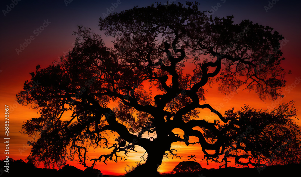  a large tree in the middle of a field with a sunset in the background of the tree and a red sky in the background.  generative ai