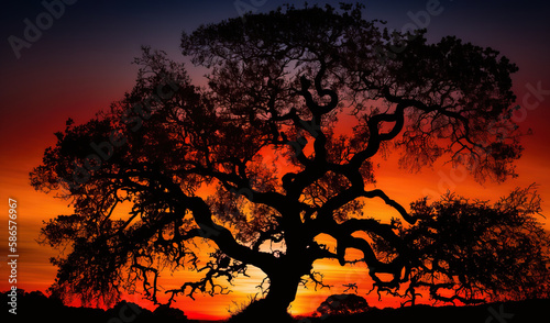  a large tree in the middle of a field with a sunset in the background of the tree and a red sky in the background. generative ai