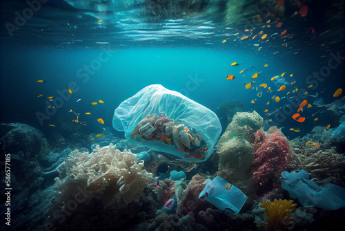 Plastic ocean pollution. Underwater bags, bottles, cups, straws and ear buds , AI Generated