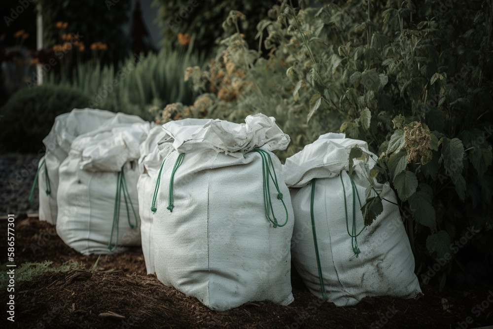 Big white bags filled with organic green garden waste after gardening