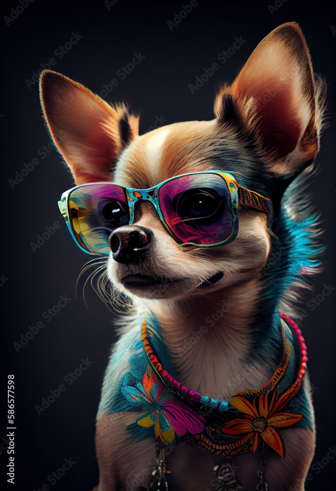 Cute Chihuahua character with sunglasses and colorful fur leans to the left, created with generative AI
