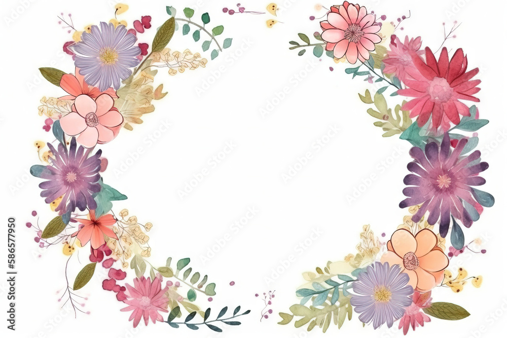  a wreath of flowers with leaves and flowers around it, on a white background, with a place for the text in the center of the wreath.  generative ai