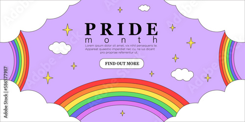 Lgbt pride month day festival banner, landing page, greeting post card, placard, flyer or poster. Lgbtq event invitation with rainbow and clouds on purple background in trendy outline cartoon style.