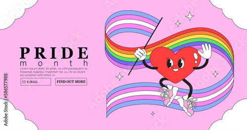 Cheerful heart character with rainbow lgbtq and transgender flag celebrate pride month or day vector flat illustration. LGBTQ social media banner or post template, greeting card on purple background.