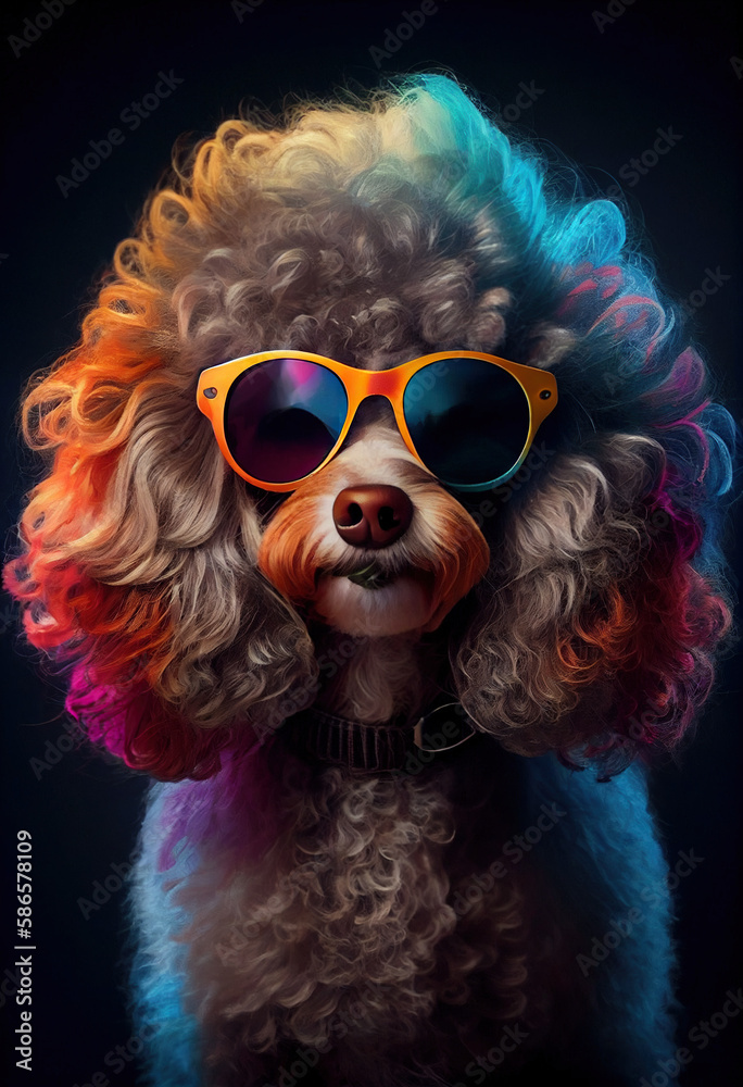 Cute Poodle character wearing sunglasses with colorful fur, Created using generative AI Cute Poodle character wearing sunglasses with colorful fur, Created using generative AI