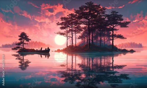  a painting of a boat on a lake with a sunset in the background and a person in a boat on the water in the foreground. generative ai