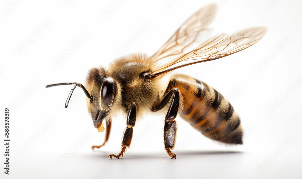  a close up of a bee on a white background with a light reflection in the back of the image and the back of the image of the bee.  generative ai