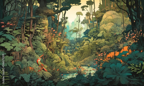  a painting of a forest scene with a bird in the foreground and a river running through the middle of the forest  with trees and bushes and plants in the background.  generative ai