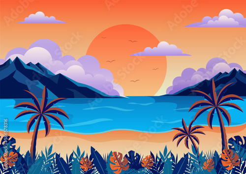 Beach Sunset View Wallpaper Vector Illustration