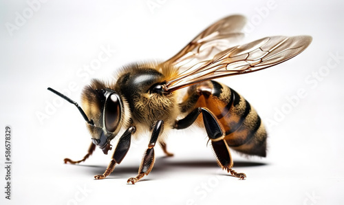  a close up of a bee on a white background with a light reflection on the back of the bee's head and wings and head.  generative ai
