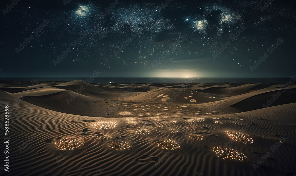 a night sky filled with stars above a desert area with sand dunes and a star filled sky filled with stars and a full moon filled sky filled with stars. generative ai a night sky filled with stars above a desert area with sand dunes and a star filled sky filled with stars and a full moon filled sky filled with stars. generative ai