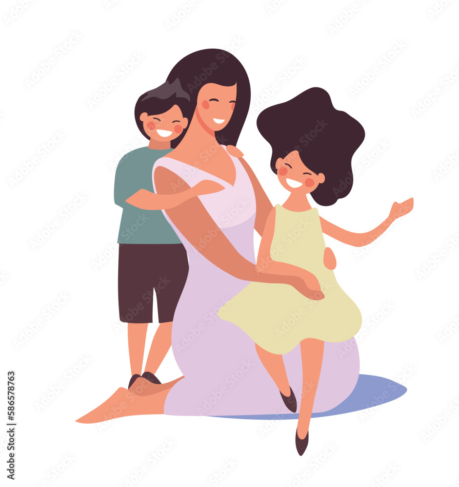 Mother hugging with son and daughter, happy family with children, woman with boy and girl, mother s day flat illustration. Flat cartoon vector isolated on white background.