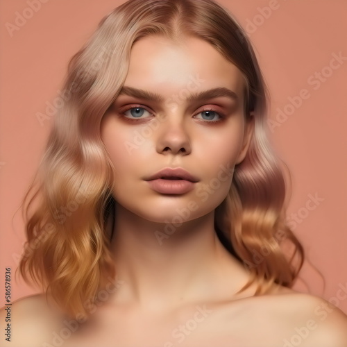 beautiful bronzed blonde woman with background copy space, made with generative ai