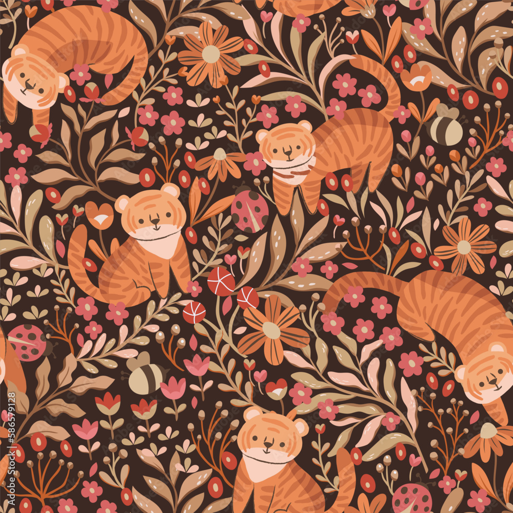 Cute seamless pattern with tiger and floral elements. Vector illustration with cartoon drawings for print, fabric, textile. Cute seamless pattern with tiger and floral elements. Vector illustration with cartoon drawings for print, fabric, textile.