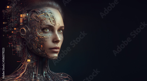 Android Generation. Humanoid with Digital Brain. Cyberpunk Portrait. Innovation in Artificial Intelligence and Futuristic Technology. Generative AI. Close up with Copy Space