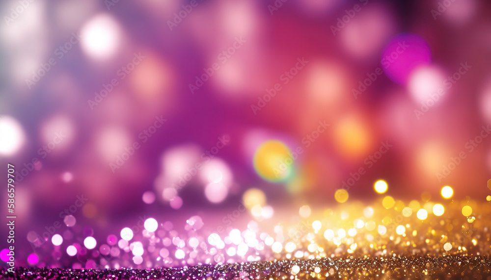 Beautiful abstract background with pink and golden glitter particles. Shiny sparks and bokeh effect. AI generative image.