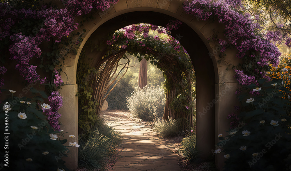  an archway with flowers growing on it and a pathway leading to the entrance to a garden with purple and white flowers on either side of it.  generative ai