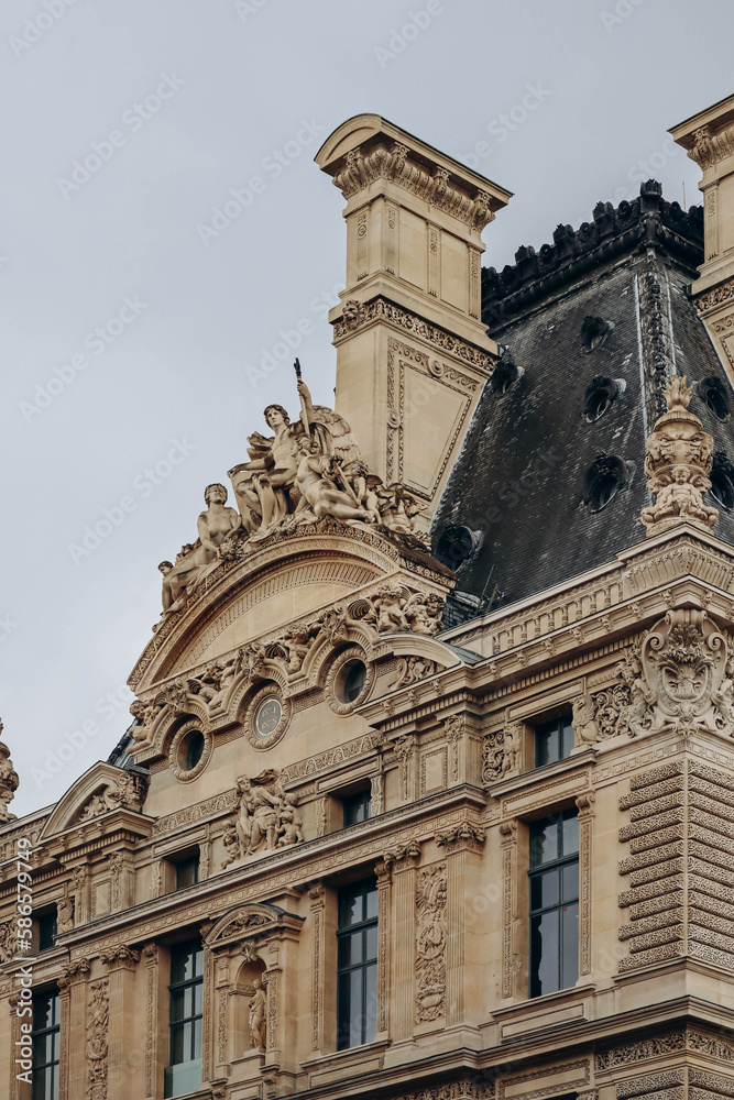 Paris, France - 26.09.2021 : Detail of the facade of the Louvre museum in Paris..